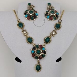 Gold Multicolor Stone Necklace Earring Set Indian Bollywood Vintage